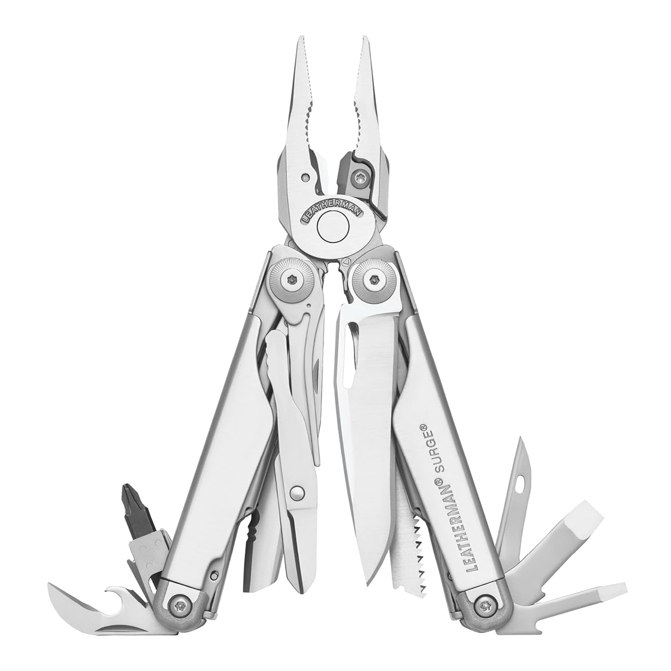 Photo 1 of LEATHERMAN Surge - Heavy-duty multipurpose multi-tool with 21 tools including full-size lockable blades, regular and needlenose pliers and wire cutters, DIY tool made in the USA, in stainless steel