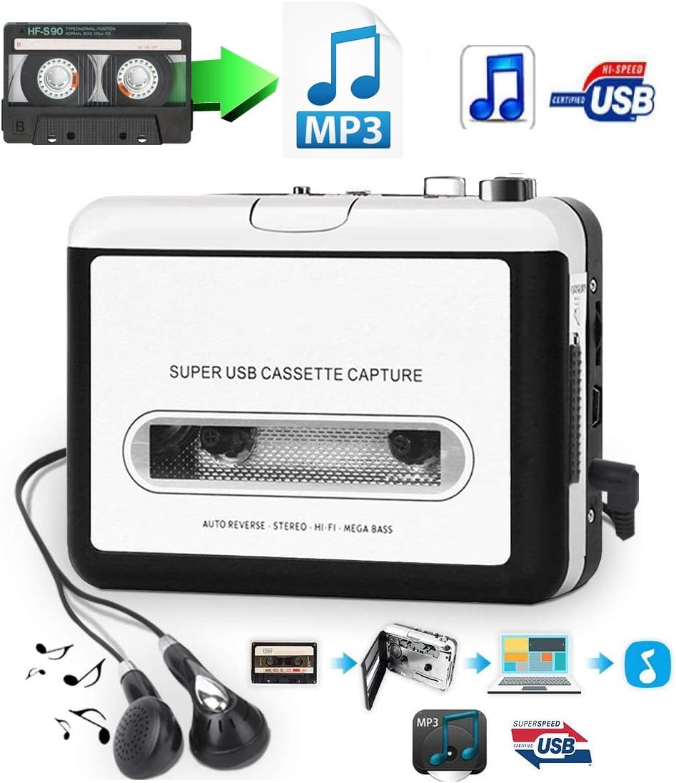 SolidPin Cassette Tape to MP3 CD PC Converter via USB, Portable USB Cassette Tape Player Captures MP3 Audio Music - Compatible Laptop & Personal Computer - Convert Walkman Tape Cassette to MP3 Format