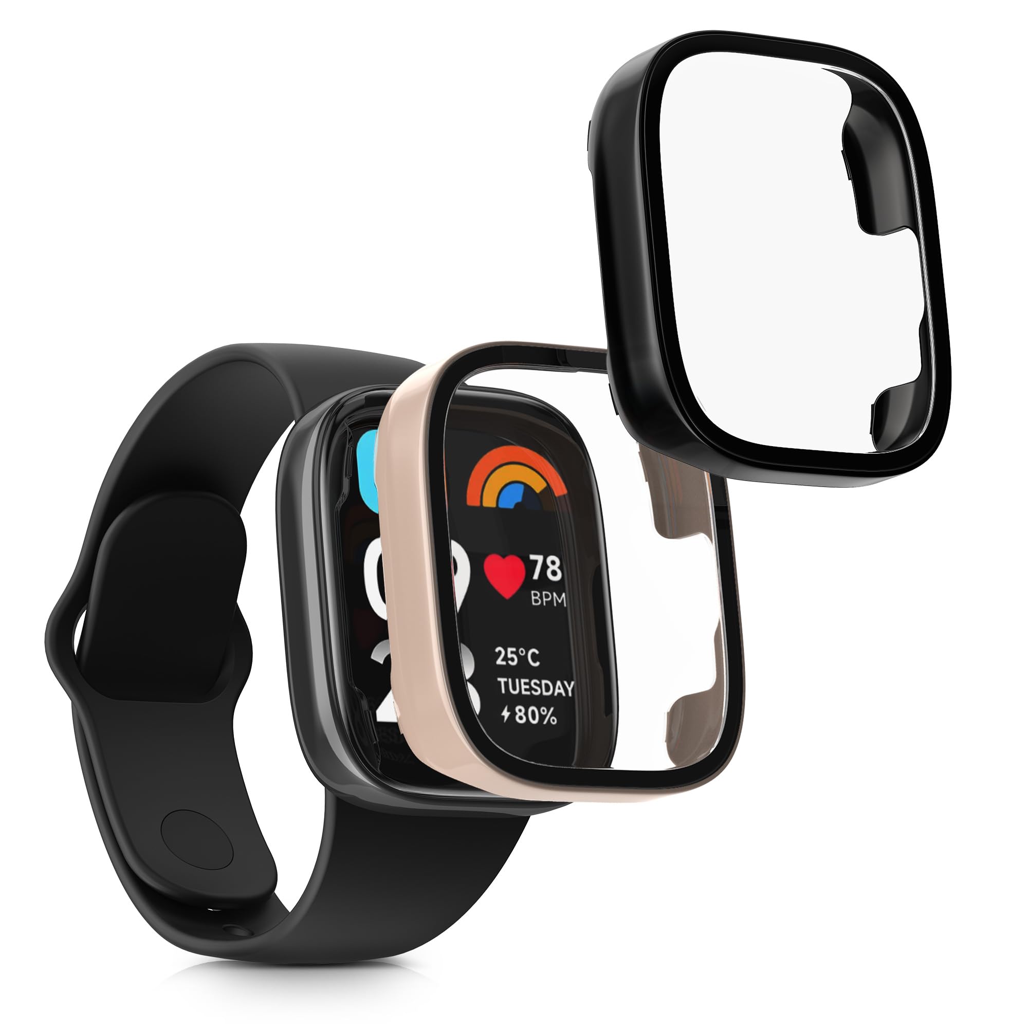 kwmobile Cover Compatible with Xiaomi Redmi Watch 3 Active Covers - 2x Tempered Glass with Plastic Frame - Black/Dusty Pink