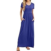 GRECERELLE Women Summer Casual Maxi Long Dress Short Sleeve Crew Neck with Pockets, Size S-3XL
