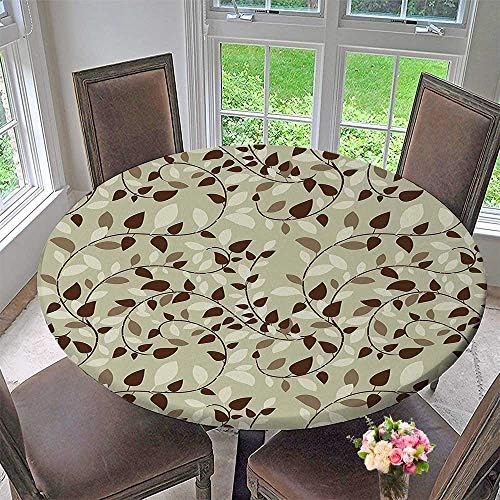 Mikihome Elasticized Table Cover Collection Pattern with Vines Leaves Nature Curvy Branches Plants Garden Floral Illustrated Art Machine Washable 67"-71" Round (Elastic Edge)