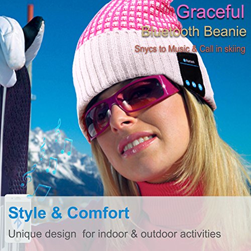 Rotibox Outdoor Bluetooth Wireless Beanie Hat Cap with Stereo Headphone Headset Earphone Speaker Mic Hands Free Talking Compatible with iPhone iPad Samsung Android Smartphones - Rose