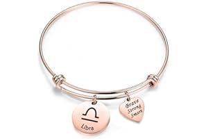 bobauna Rose Gold 12 Zodiac Signs Stainless Steel Expandable Wire Bangle Bracelet Birthday Gift for Her