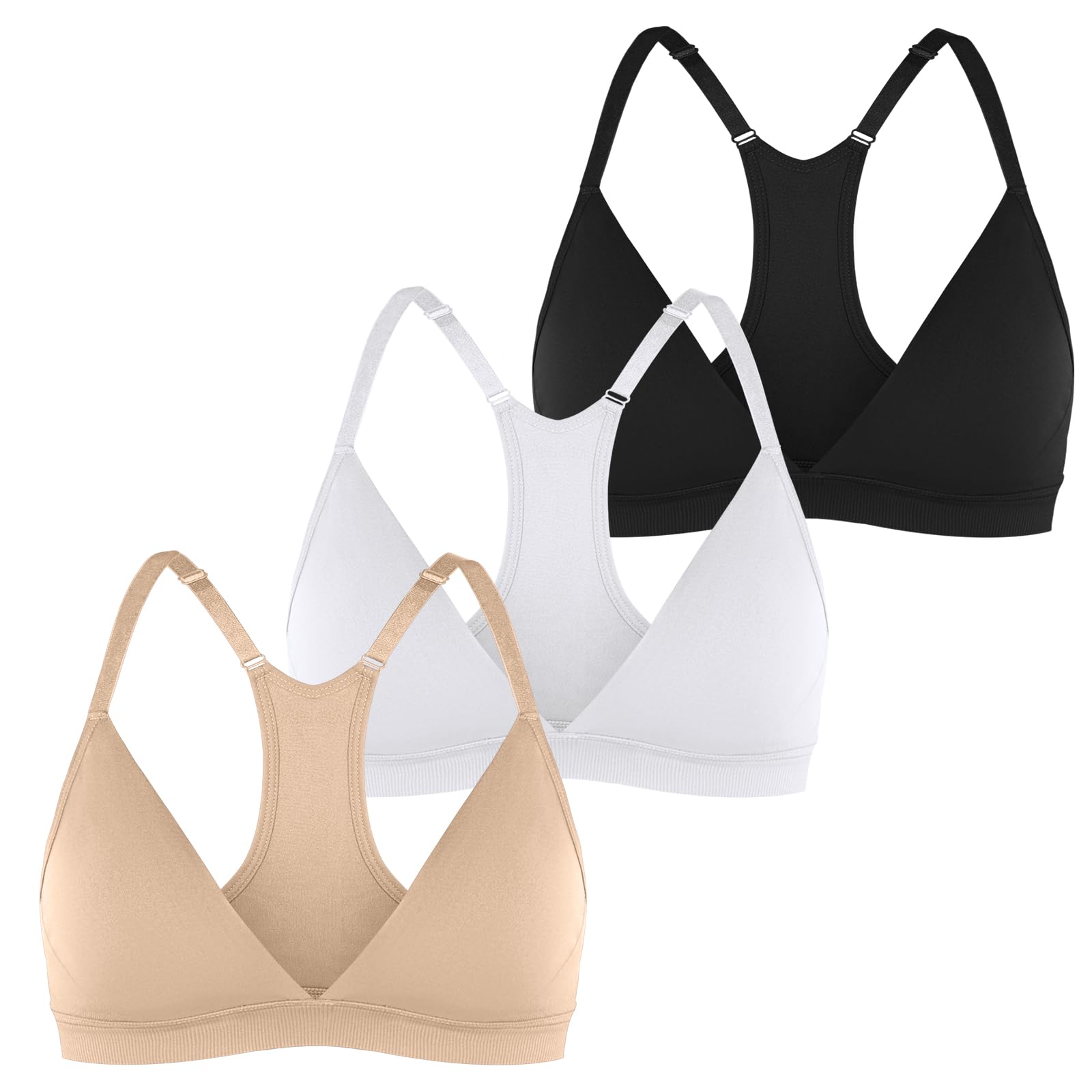 Photo 1 of INIBUD Sports Bras for Women Racerback Seamless Bra Top Padded Wireless Triangle V Neck Adjustable Removable Bralette B&W&B Size M