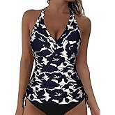 Hilor Women's Plunging V Neck Halter Swim Tops Front Twist Swimwear Shirred Tankini Top
