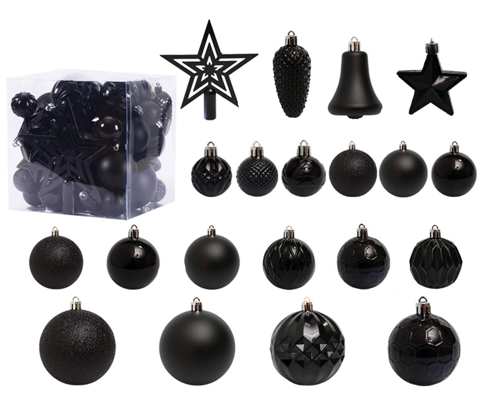 Fouriding 45pcs Christmas Ornaments Set, Shatterproof Plastic Baubles Balls Hanging Decorations for Xmas Tree, Wreath, Garland (Black)