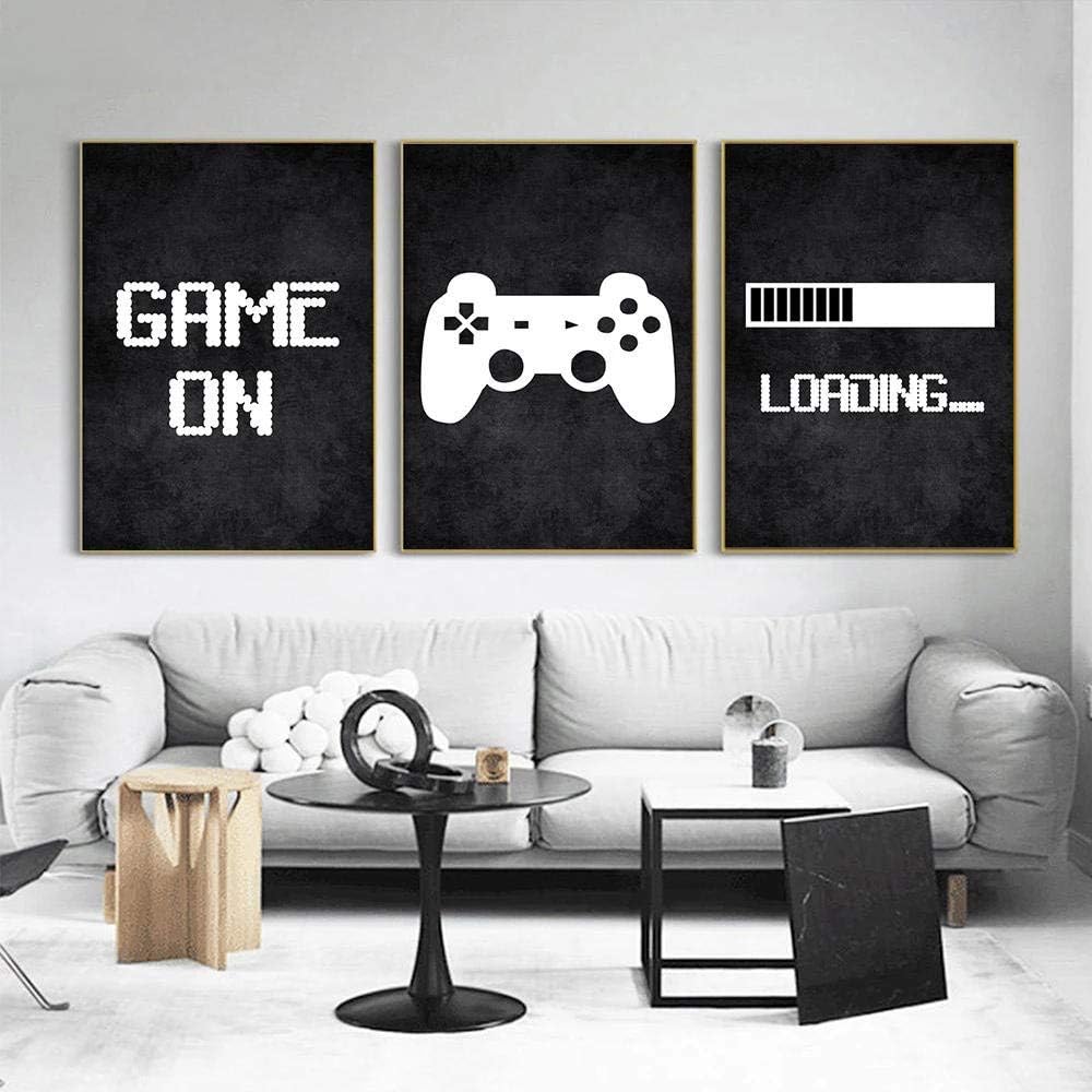 Amazon Co Jp ゲームの読み込みポスターキャンバス絵画ゲームアートプリント白黒ゲーマーポスター北欧の壁の写真プレイルーム男の子の部屋の装飾 40x60cmx3pcs フレームなし ホーム キッチン