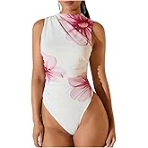 Milumia Women's Tie Dye Mesh Bodysuits Sleeveless Mock Neck Ruched Body Suit