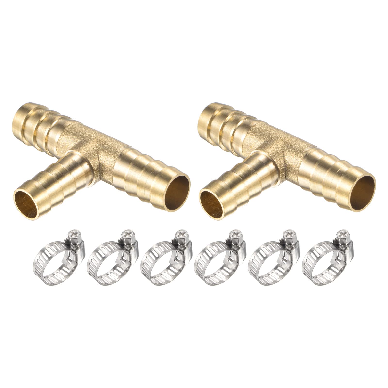 M METERXITY 2 Set Brass Hose Barb Fittings - 3/8" x 3/8" x 5/16" OD Brass Pipe Connector with Hose Clamps Apply to Water Fuel (T Shaped 3 Way)
