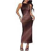 BEAUDRM Women's Tie Dye Bodycon Tank Dresses Mesh Ruched Sleeveless Crew Neck Pencil Evening Party Cocktail Long Dress