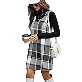 SOLY HUX Women's Plaid Pinafore Overall Dress Fall Casual Sleeveless V Neck Straight Short Jumper Dress