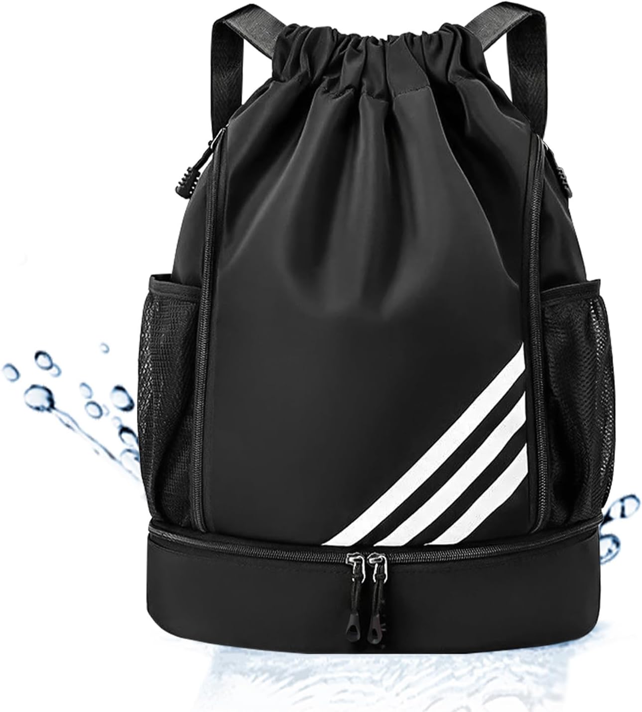 Mochila Esportiva com Cordão, Separação seca e húmida, Mochila de grande capacidade para viagens de lazer, Bolsos Laterais em Malha, Preto com Listras
