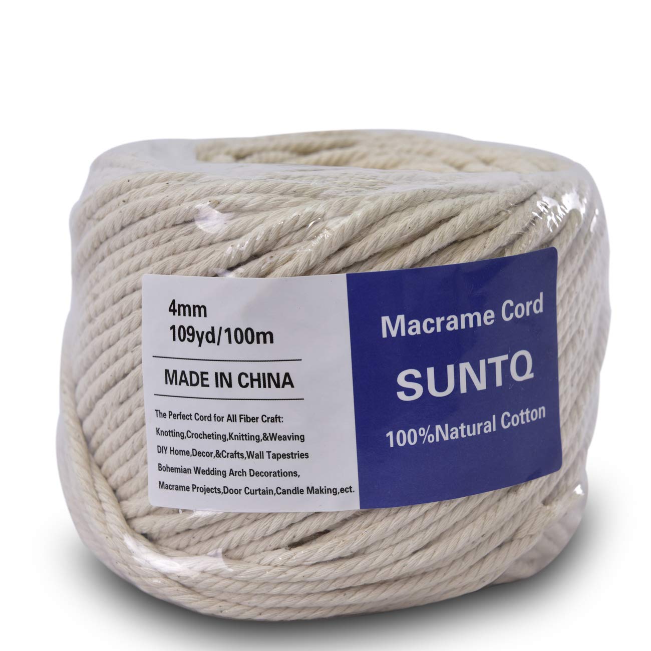 (4mm x 100m(about 109 yd)) Handmade Decorations Natural Cotton Bohemia Macrame DIY Wall Hanging Plant Hanger Craft Making Knitting Cord Rope Natural Color Beige