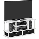 Furinno Jaya TV Stand, 4-Tier Entertainment Center with Open Shelf, TV Console for TV up to 55 Inch with 2 Storage Bins, Toolless Assembly, for Living Room, Bedroom, White