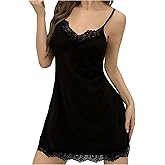 winkbay Women's Lace Trim Babydoll Nightgown V Neck Spaghetti Strap Slip Dress Sleepwear