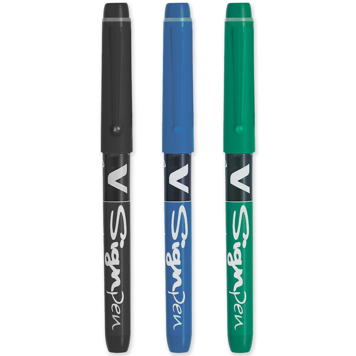 PILOT V Sign Pen - Fineliner Marker Pens - 2.0mm Nib Tip - 0.6mm Line Width - Teacher's Pack of 3 - Black, Blue & Green