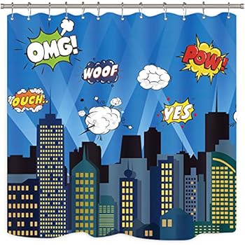 Riyidecor Superhero Shower Curtain Panel Buildings Cityscape City Cartoon Skyline Decor Fabric Polyester Waterproof 72x72 Inch Include 12 Pack Plastic Hooks