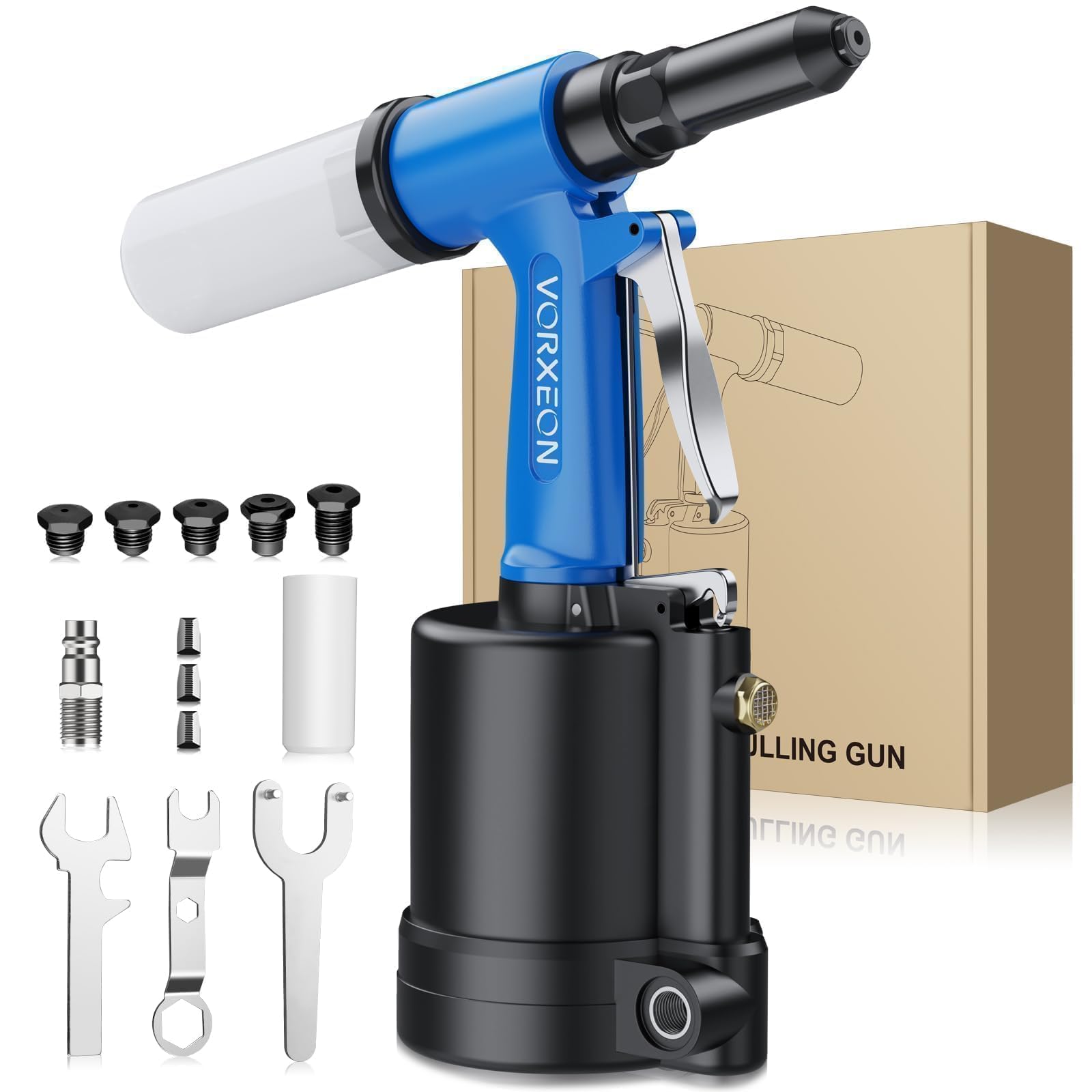 VORXEON Pneumatic Rivet Gun Set 5 Sizes (2.4mm/3/32-6.4mm/1/4), 1780KGF Pulling Force, Air Riveter Ideal for DIY, Garage, and Automotive Use