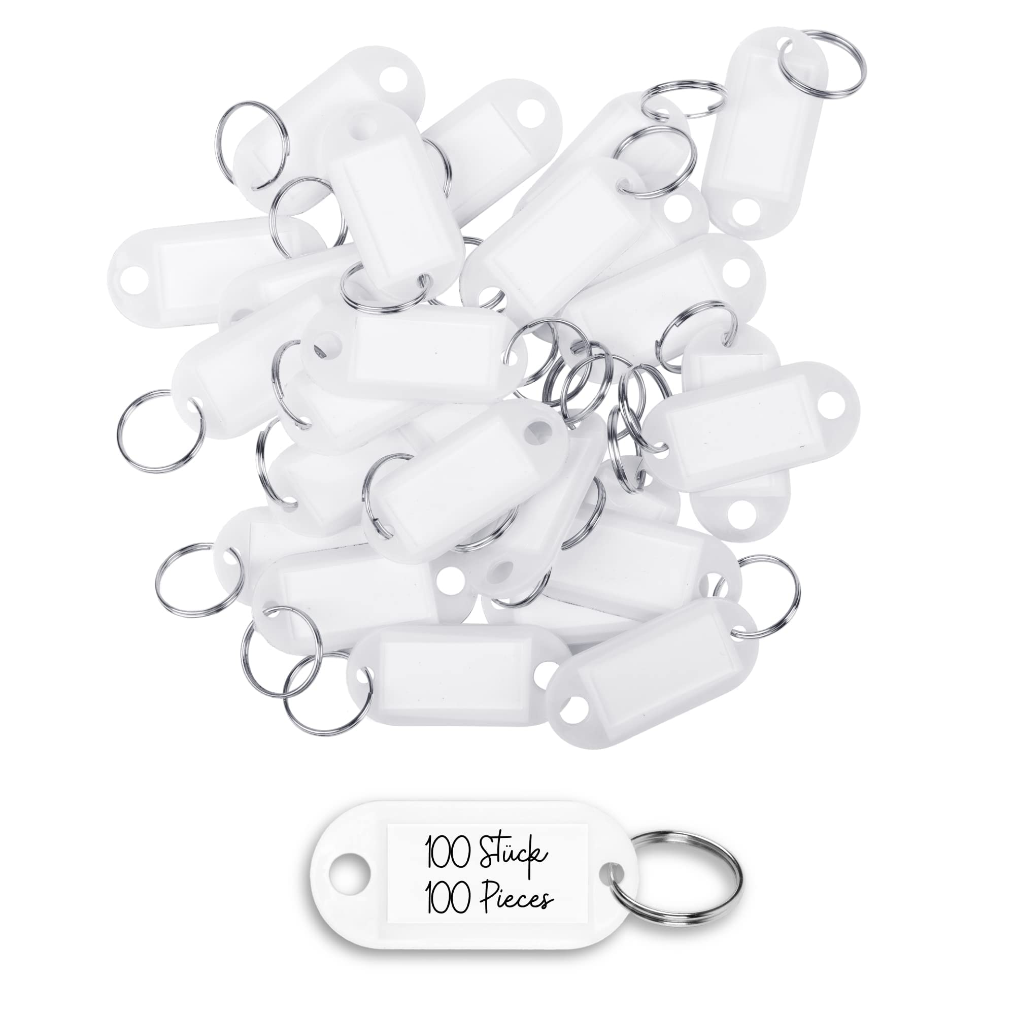 WINTEX Key Ring with Tags - 100 pcs - Heavy Duty Plastic Fobs with Labels - Coloured Key Chain Rings for Organising, Travelling, or Pets - White