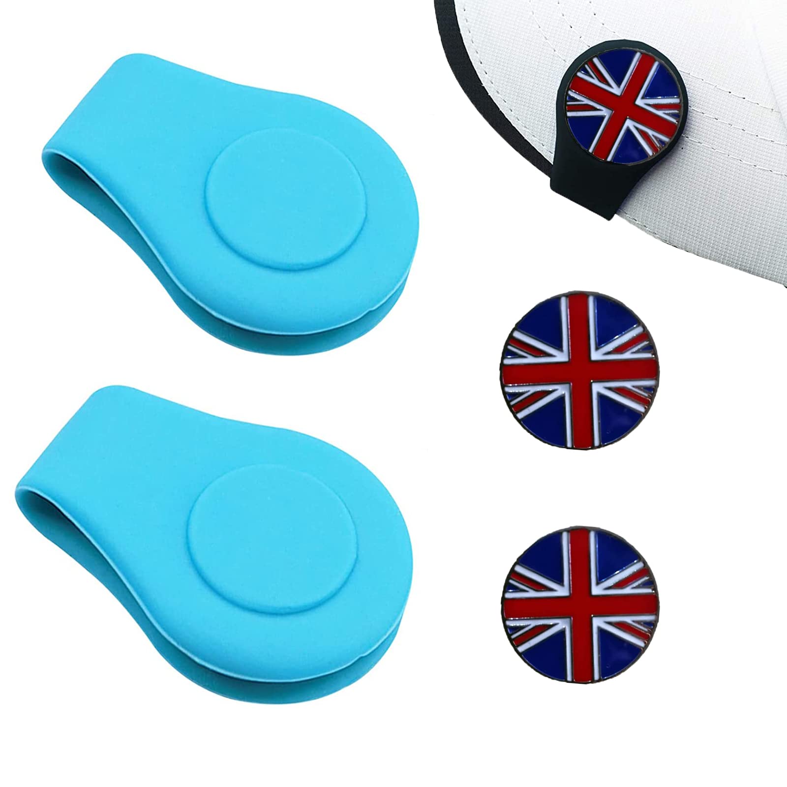 AMRTA Silicone Golf Hat Clip Holder 2 Pcs with 2 Ball Markers Magnetic for Putting Green, Personalised Golf Accessory Gifts for Golfer Men Women Ladies (BLUE + UK FLAG)