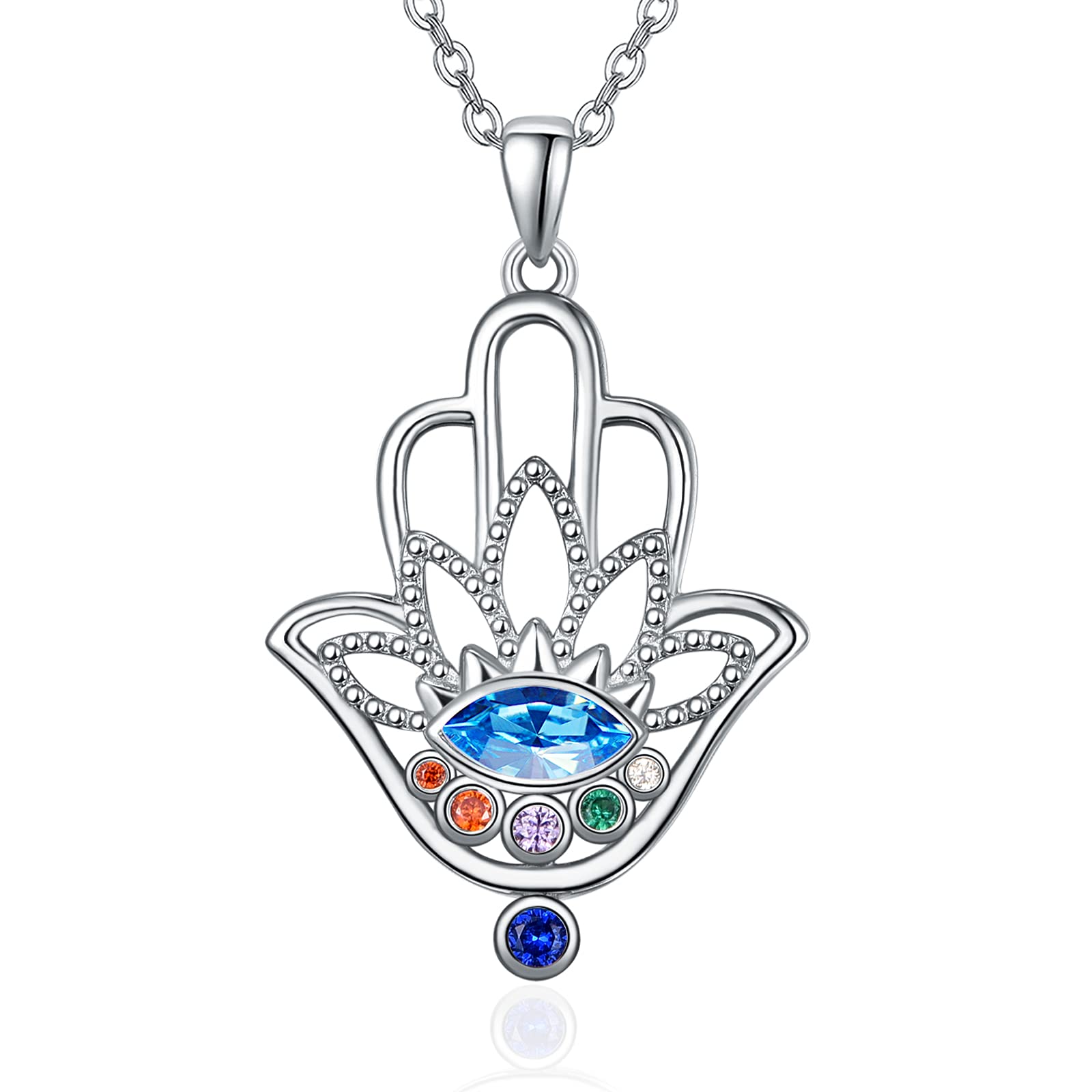 KINGWHYTE Chakra Hamsa Necklace 925 Sterling Silver Fatima Evil Eye Pendant Necklace Jewelry Gifts for Women Mum Wife Girls