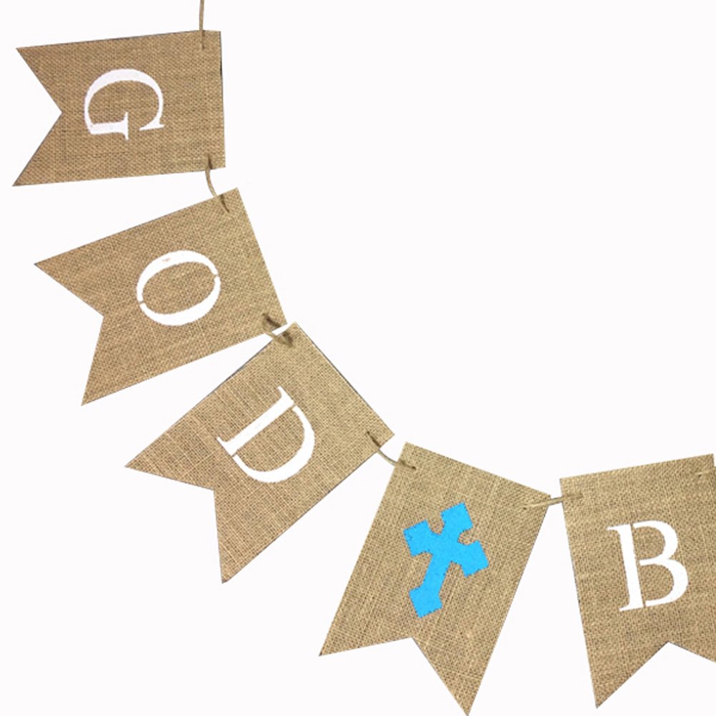 Burlap Communion Party Banner, Baptisim Christening Decoration God Bless Banner, Swallow-Tailed DIY Decoration for Wedding, Baby Shower Party - (LakeBlue-Rope Through)