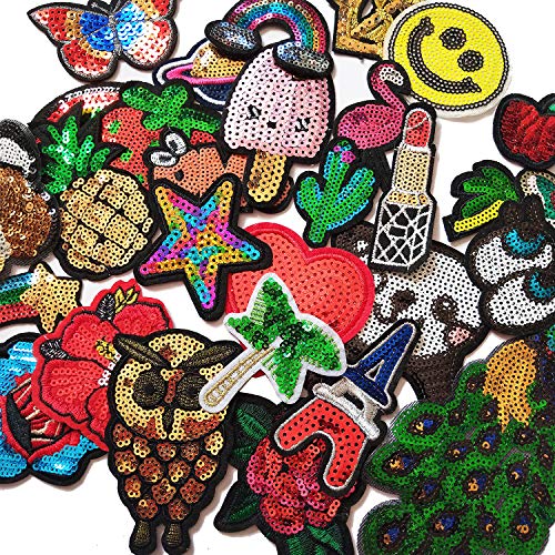 Czorange 29pcs Assorted Sequins Sewing on/Iron on Embroidered Patches for Clothes Jackets Hats Backpacks Jeans; Rainbows Roses Hearts Butterfly Animals Fruits Stars & More - Thumbnail 3