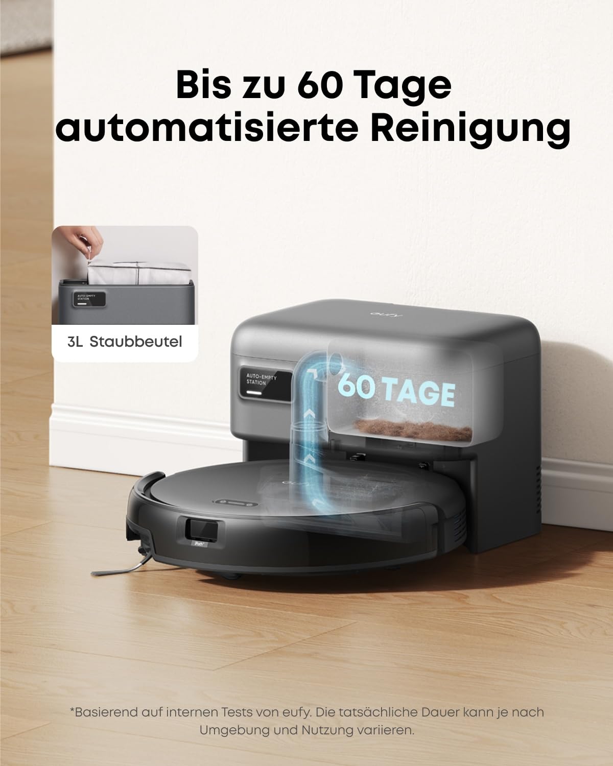 eufy C10 Saugroboter mit Automatischer Absaugstation, 7,3cm Ultraflaches Design, Teppichreinigung, Ausfahrbare Seitenbürste für Ecken, Automatische Entleerung, Punktlaser- & Infrarot-Navigation 3