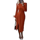 PRETTYGARDEN Women's 2025 Fall Long Sleeve Dress Formal Midi Bodycon Wrap Slit Feather Elegant Wedding Guest Cocktail Dresses