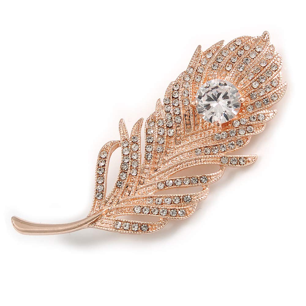 CZ/Clear Austrian Crystal Peacock Feather Brooch In Rose Gold Tone Metal - 7cm Long