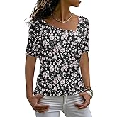 AYIFU Womens Summer Tops Short Sleeve Casual Shirts Asymmetric Neck Color Block Tunic
