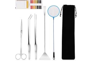 HOTOOLME Aquarium Aquascape Tools Kit, 6 in 1 Long Stainless Steel Aquatic Plant Sliver Tweezers Scissors Scrapers Set for Fish Tank Aquariums Tank Clean, Aquascaping Tools with PH Paper Fish Net Bag