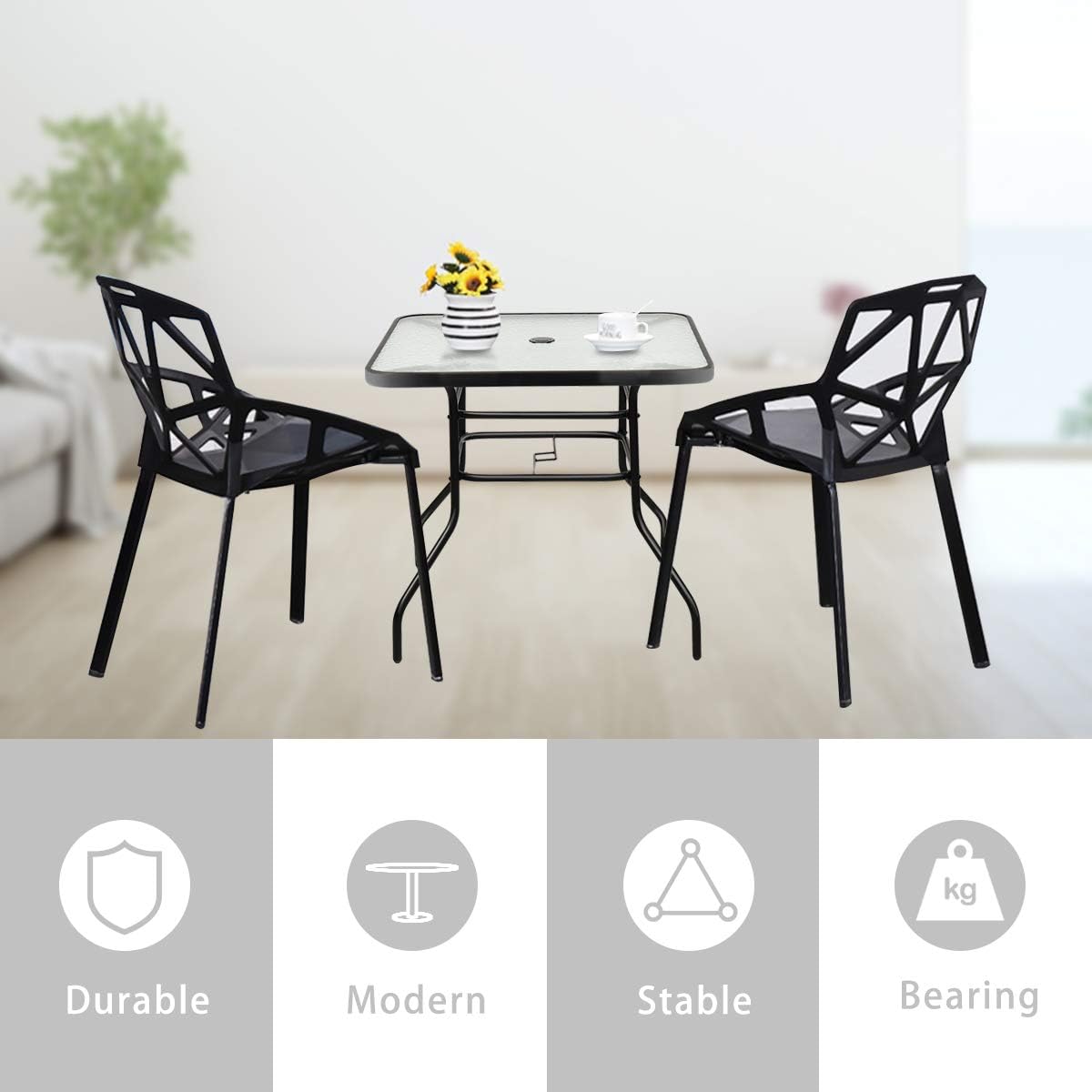 Tangkula Patio Table Outdoor Garden Balcony Poolside Lawn Glass Top Steel Frame All Weather Dining Bistro Table (Square Black 32"): Kitchen & Dining