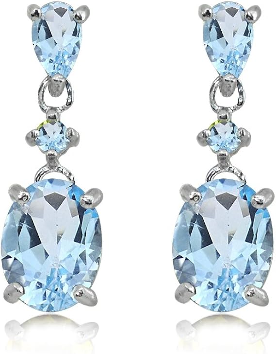 Sterling Silver Genuine or Synthetic Gemstone Oval Three Stone Dangling