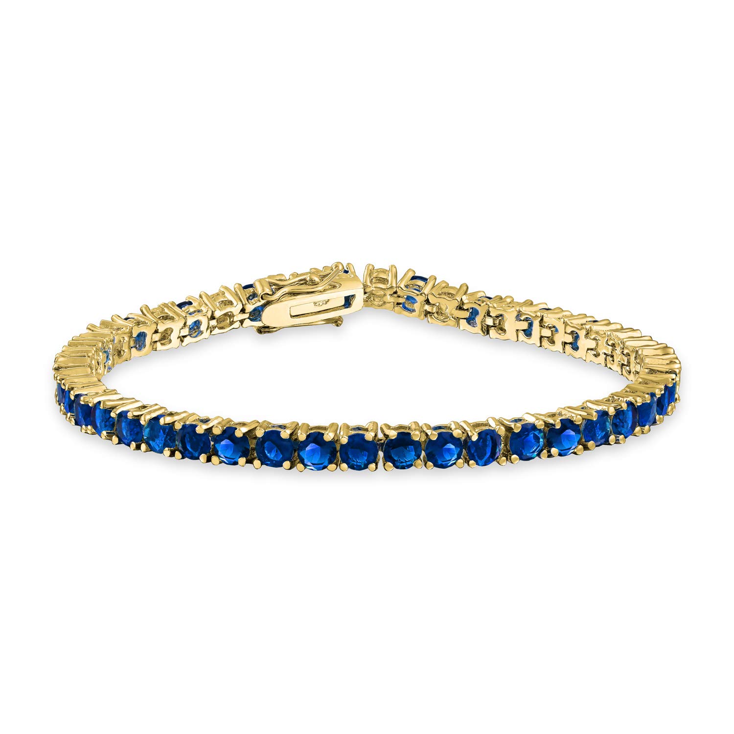 Bling Jewelry Traditional Prong Basket Set Solitaire Round Cubic Zirconia Simulated AAA CZ Blue Sapphire Tennis Bracelet for Women Prom Bridesmaid Gold Plated 7.5 Inch