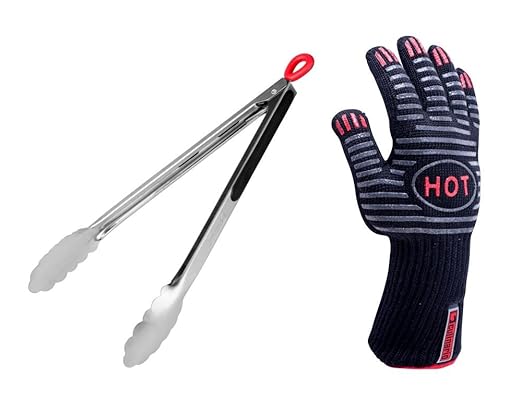 culinario BBQ-Spar-Set, 2-teilig, Edelstahl Grillzange 34 cm und 250 °C hitzebeständiger Grillhandschuh