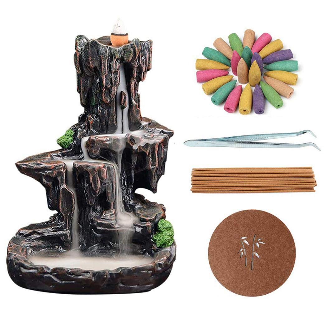 XUDREZ Waterfall Mountain Backflow Incense Holder Resin Incense Burner Incense Cones Holder Home Decor Gifts with 120pc Cones