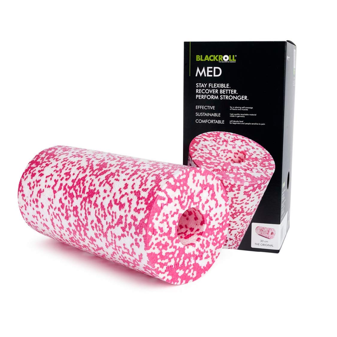 BLACKROLL MED - The original (density soft) - Self massage foam roller - Muscle roller in white/pink, 30cm + booklet