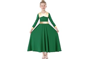 TLMNU Girls Praise Dance Dress Metallic Gold Liturgical Worship Church Robe Full Length Swing Lyrical Costume