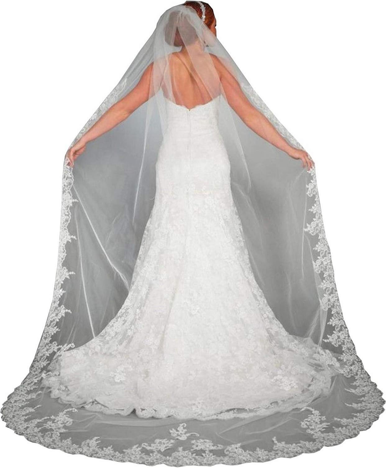 Cibelle Womens 1 Tier 3M Bridal Veils White Ivory Lace Wedding Veils with Metal Comb