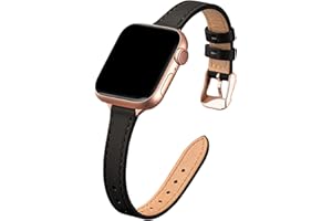 STIROLL Slim Leather Bands Compatible with Apple Watch Band 38mm 40mm 41mm 42mm(Series 11 10), Top Grain Leather Watch Thin Wristband for iWatch SE 9 8 7 6 5 4 3 2 1 (Black Rose Gold)