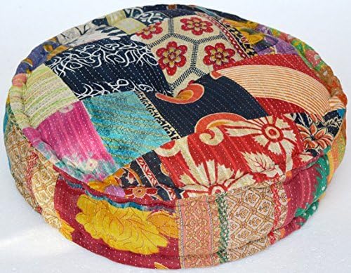 Aari Tari RANGILA Stuffed Indian Vintage Kantha Patch Floor Cushion; Pouf Ottoman; Round Pouf
