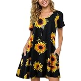 ZENNILO Plus Size Casual T Shirt Dresses for Women Flowy Sunflower Dress Pockets(A-SunFlower27,1X)