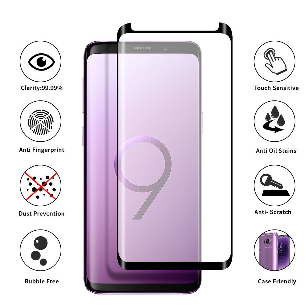 Tembin Glass Screen Protector for Galaxy S9 Plus [ Leather Case Friendly ] Full Adhesive & Full Coverage Curved Edge Screen Cover Anti-Fingerprint 9H Hardness Screen for Samsung Galaxy S9+ [ 2 Pack ]