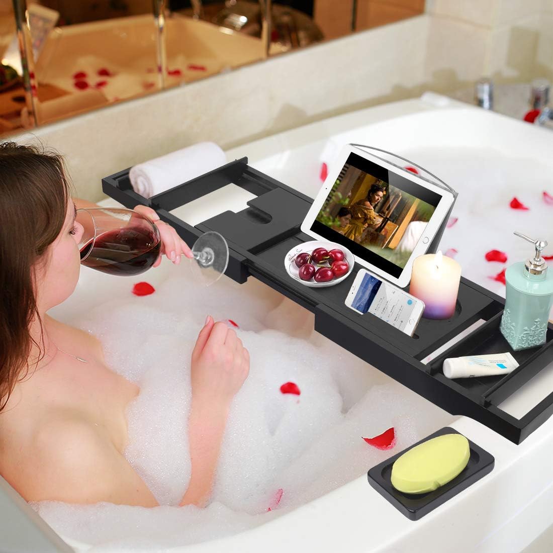 Bamboo Bathtub Caddy Tray Expandable for Luxury Bath,Bath Accessories & Table with Wine Glass Holder,Book Stand Bathroom Organizer with Extending Sides for Men/Women,Free Soap Holder,Black: Kitchen & Dining