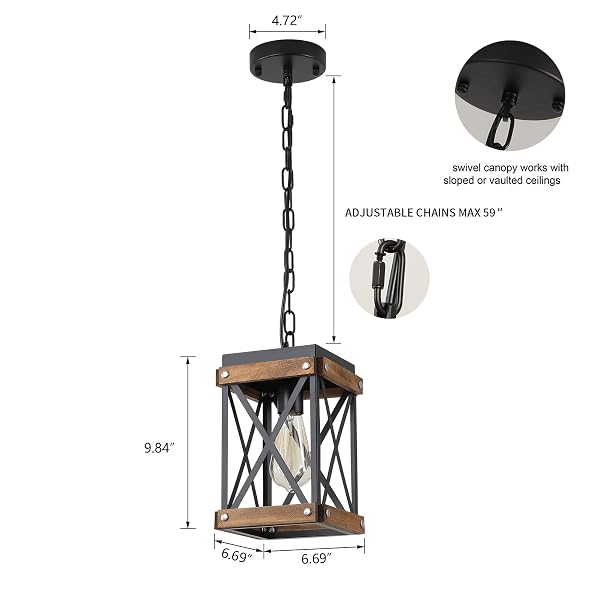 2 PACK RUSTIC FARMHOUSE WOOD PENDANT LIGHT FIXTURE ONE-LIGHT ADJUSTABLE CHAIN OAK WOOD AND METAL LANTERN CAGE SMALL PENDANT LIGHTING FOR KITCHEN ISLAND SINK HALLWAY FARMHOUSE BATHROOM BAR, BLACK