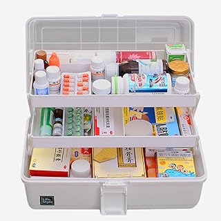 Hausapotheke Schrank, Likeluk Medizinbox Kunststoff 3 Ebene transparente Erste Hilfe Box Multifunktions Sortierkasten mit Griff, 33×18×17.5cm (Grau)