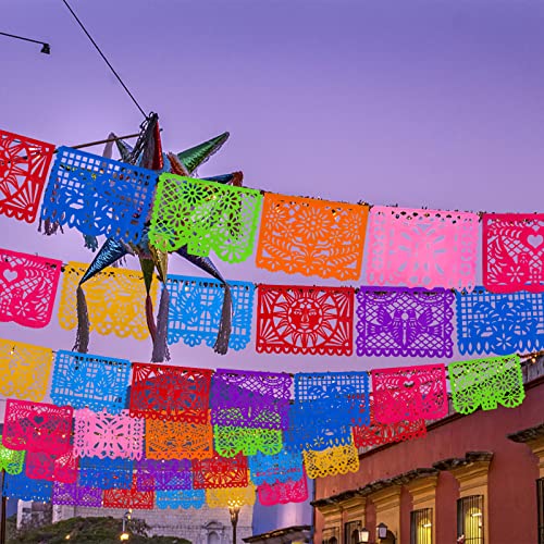 JOHOUSE 2Pack Mexican Party Banner, 18 Feet Plastic Fiesta Banner Cinco de Mayo Dia De Los Muertos Decor Day of the Dead Papel Picado Decorations, Mexican Party Supplies