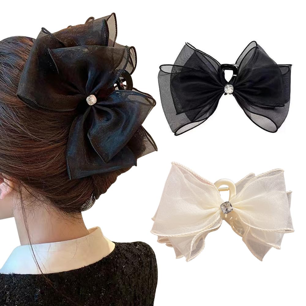 TOFBS 2 PCS Elegant Mesh Bow Claw Clips With Rhinestones - Big Nonslip Bowknot Hair Accessories for Women Girls