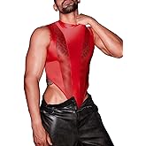 EHSUYAB Mens Sexy Lingerie, Hook Crotch Thong High Cut Bodysuit Top Rave Outfit, Glossy Mock Neck Sheer Singlet Muscle Suit